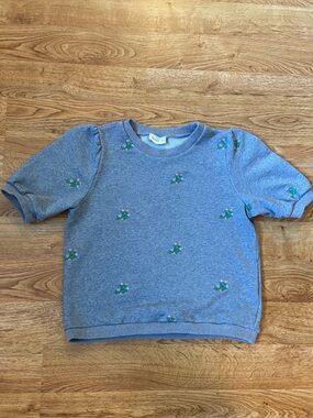 Gray Floral Embroidered Cropped Short Sleeve Sweatshirt SP